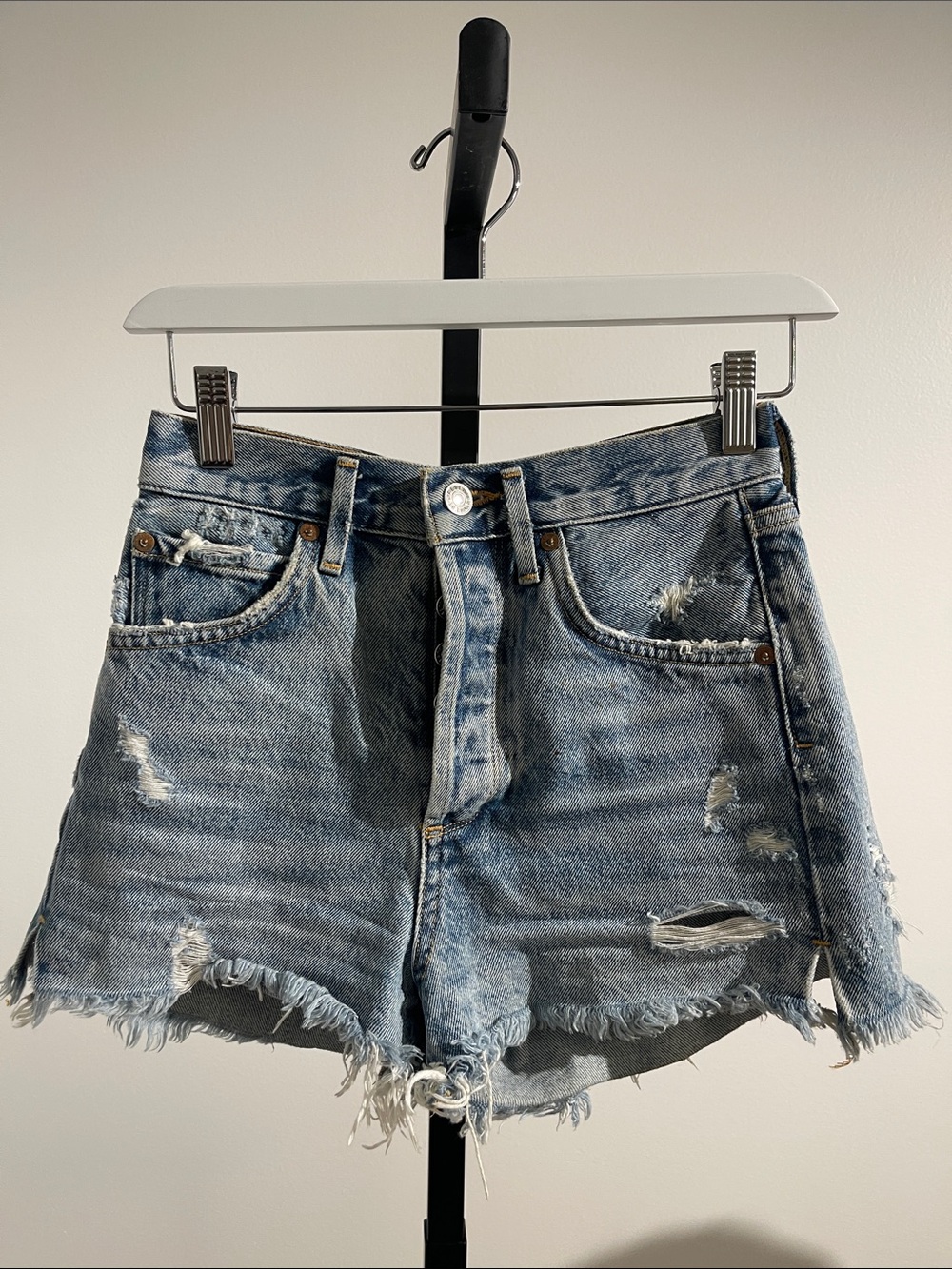 Agolde Light Blue Distressed High-Rise Denim Shorts